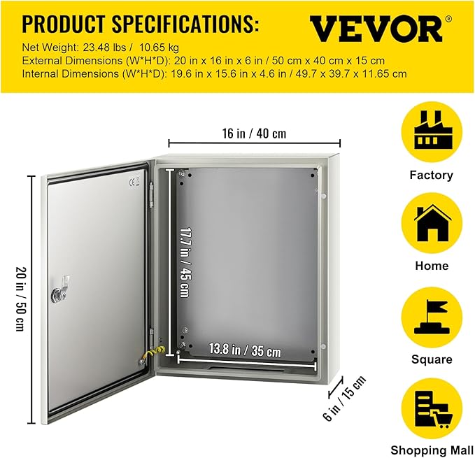 VEVOR NEMA Steel Enclosure, IP66 Waterproof & Dustproof, Outdoor/Indoor