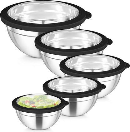 TeamFar Mixing Bowls Set, 4.5/3/1.5/1/0.7 QT Stainless Steel Nesting Salad Bowls