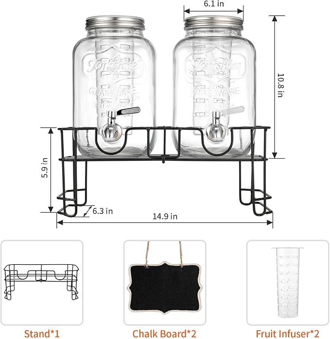 1 Gallon Glass Beverage Dispenser, 2 Pack Glass Drink Dispensers