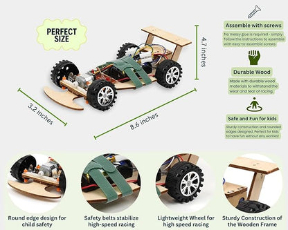 Wooden Wireless Remote Control F1 Racing Car Science Kit to Build (3 Pack of Green)