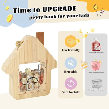 Wooden Piggy Bank - Creative Birthday and Decor Gift for Boys and Girls Aged 4+ - Wooden Craft - Personalized Kids Gift HuvRsu
