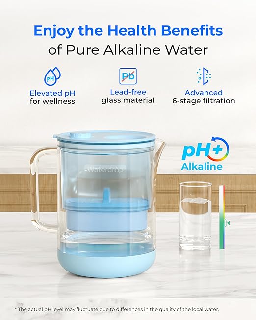 Waterdrop PT-72B-A Glass Alkaline Water Filter Pitcher, Eco-Friendly, Enhances