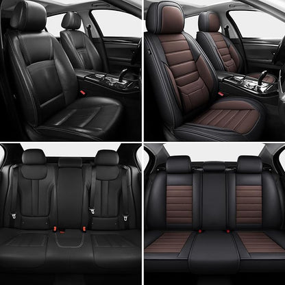 MINGBRON Car Seat Covers Full Set, Brown Car Seat Cover Lumbar Support, Car Seat Protector Waterproof, Nappa Leather Car Seat Cushion, Front Seats and Back Fit for Most Cars