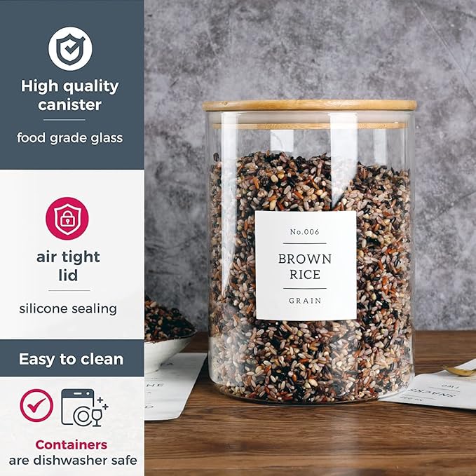 Large Glass Storage Jars With Airtight Bamboo Lid - 100 Fl Oz Thicken Kitchen Glass Food Storage Canister With 42 Pantry Labels - Big Clear Flour And Sugar Containers Farmhouse