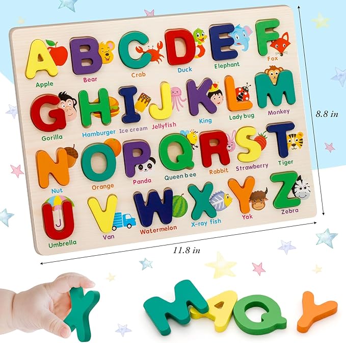 Alphabet Puzzle Wooden Puzzles for Toddlers 3 4 5 Year Old, ABC Shape Learning Toddler Toys with Board & Letter Blocks, Preschool Educational Toys for Girls Boys, Pattern Alphabet