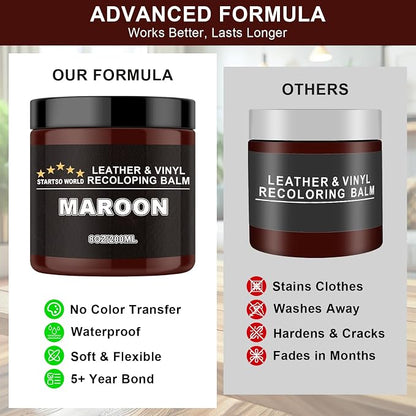STARTSO WORLD Leather Recoloring Balm, Maroon Leather Repair Kit for Furniture, Leather Dye, Leather Color Restorer for Couches, Leather Couch Paint | Repair, Restore & Renew Old, Faded Leather