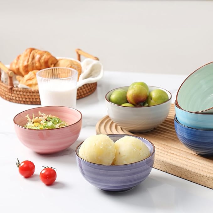 KitchenTour Dessert Bowls Set of 6, 12 OZ Ceramic Cereal Bowls for Kitchen, 4.7 Inch Small Bowls for Snack, Fruit, Ice Cream - Microwave & Dishwasher Safe, Assorted Warm Colors