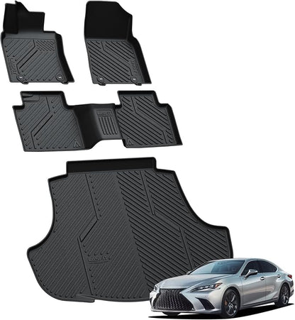 LASFIT Floor Mats & Cargo Mat for Lexus ES 2019-2025(Only Fit FWD), TPE All Weather Custom Fit 1st & 2nd Row Rubber Car Mats and Cargo Liner, Black Easy to Clean
