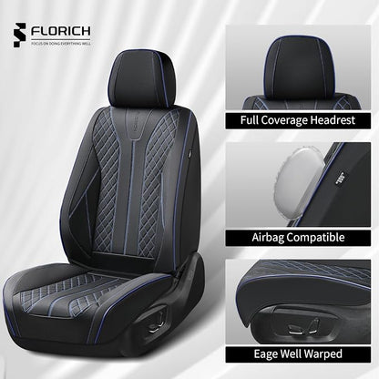 FLORICH Leather Seat Covers for Cars, Car Seat Cover Full Set Luxury Faux Leather Waterproof Seat Cover Full Coverage Seat Protector Universal Fit for Most Cars SUV Trucks, Black&Blue Line