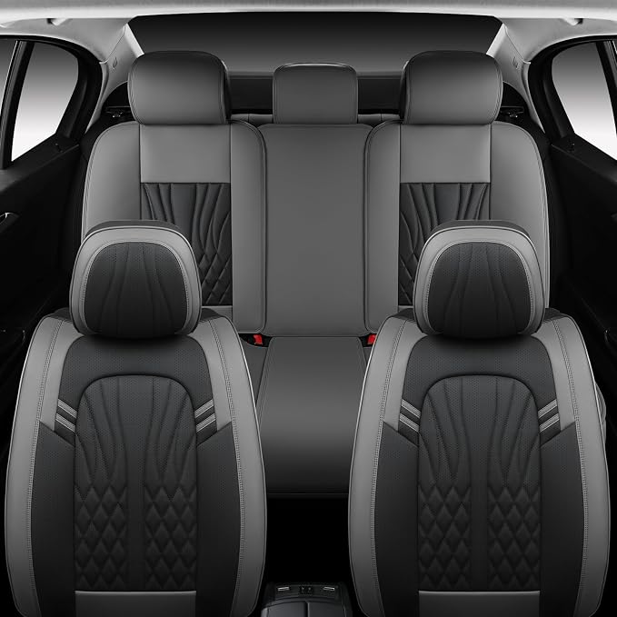 MINGBRON Leather Car Seat Covers,Car Seat Protector Waterproof,Seat Covers Full Set, Car Seat Protectors 5 Seats,Automotive Seat Covers Fit Most Cars Grey&Black