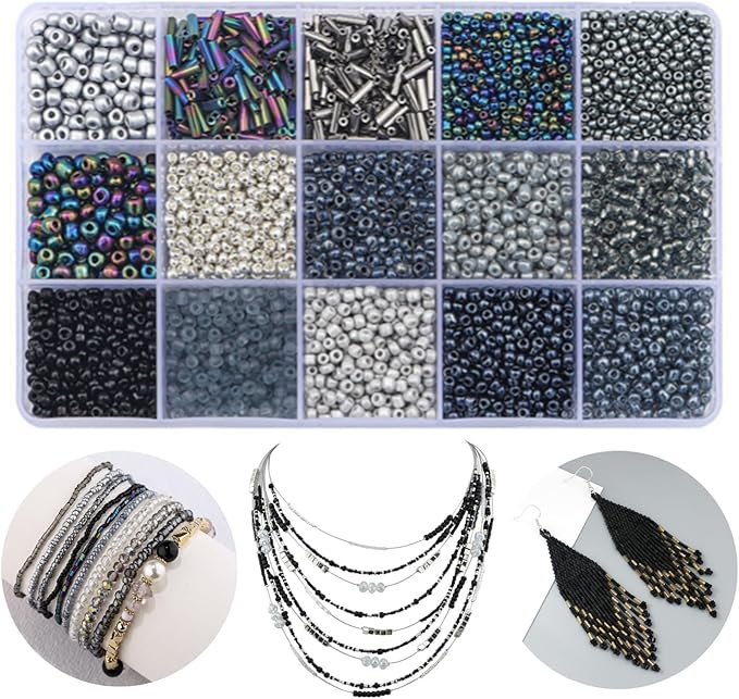 15 Color 4mm Small Assorted Glass Seed Beads,3mm Bugle Beads Friendship Bracelet Kit,2mm Tiny Tube Bead for Jewelry Making(Black)