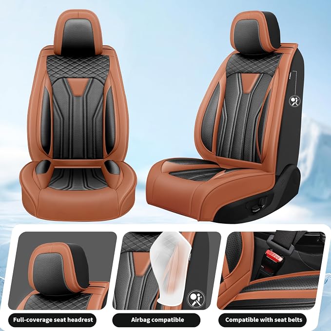Fit Patriot Car Seat Covers for Jeep Patriot 5 Seats 2007-2016 2017 -Premium Leather, Waterproof & Breathable，All-Weather Seat Cushion Protecto & Airbag Compatible, 2 Front Seat Brown & Black