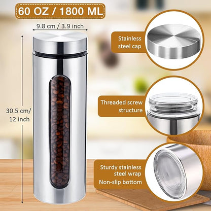 Mimorou 6 Pack Kitchen Canisters Set Airtight Coffee Sugar Tea Candy Storage Jars with Window Glass Stainless Steel Containers with Lids for Flour Cookies Spices Grains Kitchen Decorations (60 oz)
