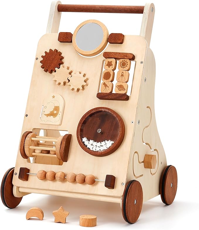 Woodtoe Wooden Baby Walker, Adjustable Speed Push Walker, Montessori Walker for Boys and Girls, Baby Activity Center, Sit to Stand, Toddler Push Toys for Babies 9-12 Months, 1 2 3 Year Old