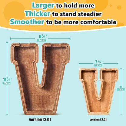 Summidate Customized Name Extra Large Wooden Piggy Bank for Kids Boys Girls Alphabets Letter A-Z Coins Bills Money Change Saving Box Clear Cover (Laser Engraved) Educational Toys 12"- Letter V