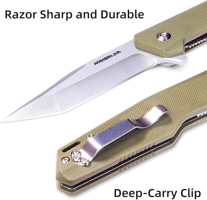 Pocket Knife D2 Blade Folding Knife with G10 Handle, Smooth Flipping Action EDC Knife with Ball Bearing for Hiking Camping Outdoor, Gifts for Men