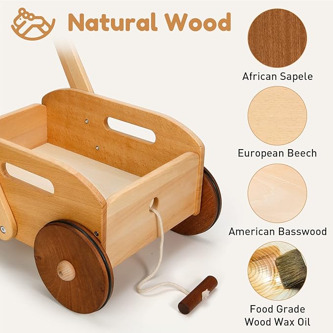 Woodtoe Wooden Baby Walker, Adjustable Speed Baby Push Walker, Montessori Push Toys for Babies Learning to Walk, Educational Walking Toys Gift for Toddler Boys Girls 1 2 3 Years Old