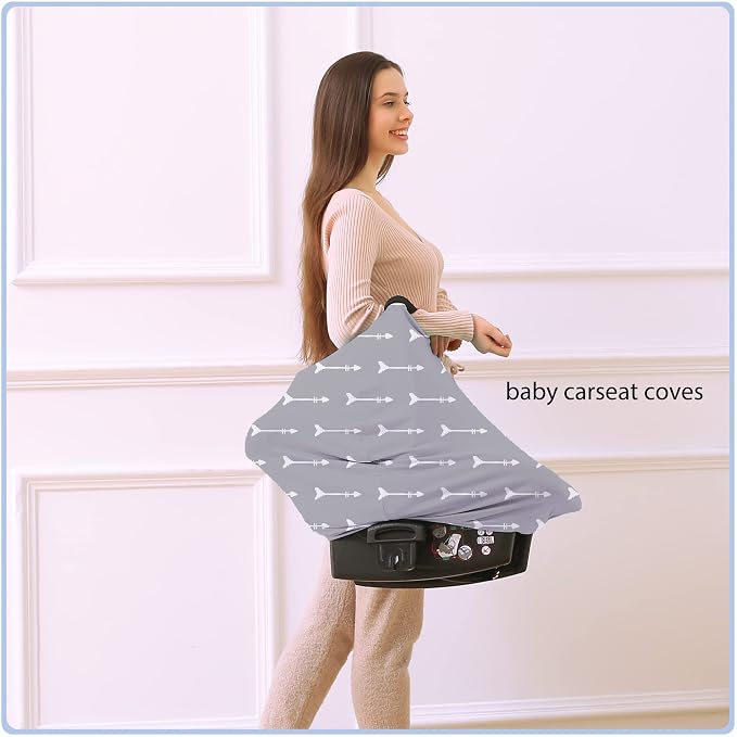 Nursing Carseat Canopy Breastfeeding Cover - Multi-use Stretchy Car Seat Covers for Babies, Baby Shower Gifts (Grey Arrows)