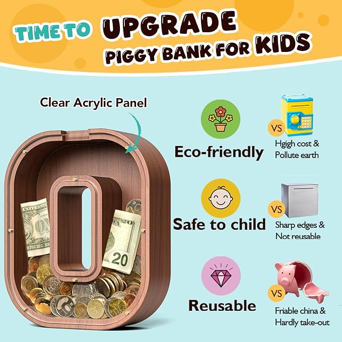 Summidate Wooden Letter Piggy Bank, Extra Thick Large Capacity Piggy Bank for Kids Boys Girls Toddler, Alphabet O Money Bank| Coin Box Birthday, Christmas, Festival