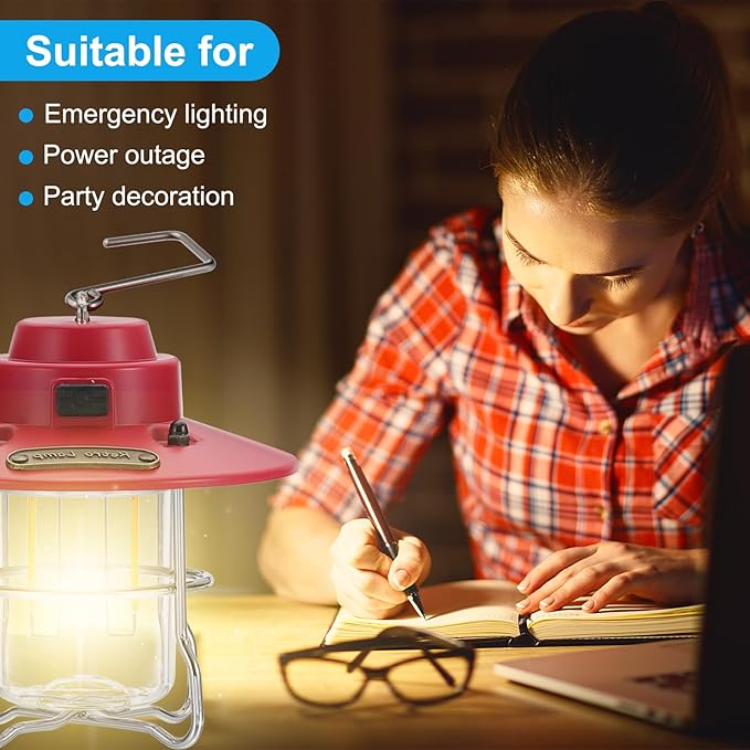 PATIKIL LED Camping Lantern, 2 Pack Vintage Rechargeable Lantern 3 Light Modes Portable Hanging Outdoor Tent Light for Camping, Hiking, Fishing, Red, Black 3.66 Inch