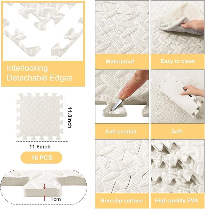 Shihanee Foam Floor Baby Tiles Foam Floor Mats Play Mats Bulk with Borders Interlocking for Kids Baby Playroom Nursery Gym(16ft,Ivory White)