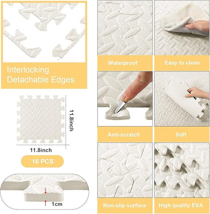 Shihanee Foam Floor Baby Tiles Foam Floor Mats Play Mats Bulk with Borders Interlocking for Kids Baby Playroom Nursery Gym(16ft,Ivory White)
