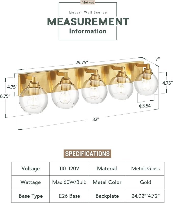 METWET Bathroom Light Fixtures, 5 Light Brushed Gold Vanity Light, 32 Inch