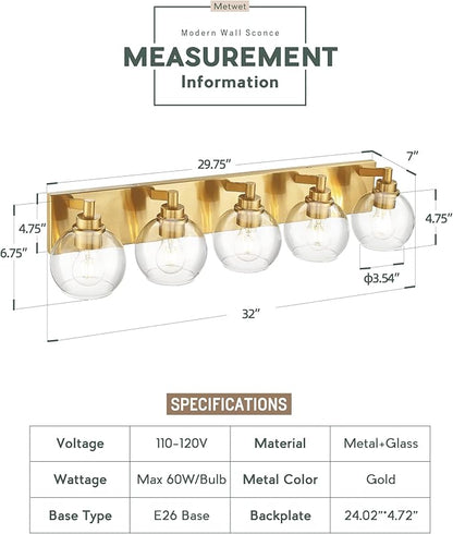 METWET Bathroom Light Fixtures, 5 Light Brushed Gold Vanity Light, 32 Inch