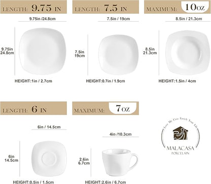 MALACASA 30 Piece Porcelain Dinnerware Set, Grey White Dish Set for 6, Square Ceramic Dishware Sets, Chip and Scratch Resistant Plates and Bowls Sets, Cups and Saucers, Series ELISA