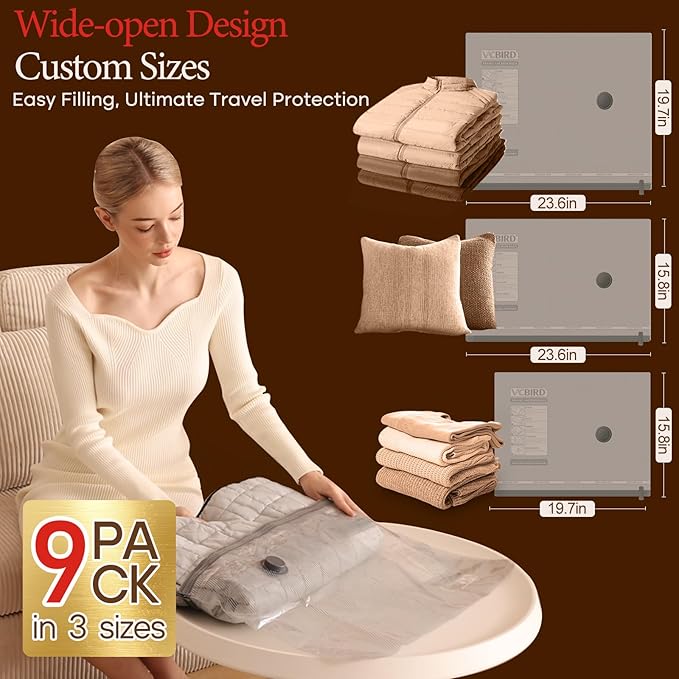 9 Packs Rechargeable Pump Vacuum Bags for Travel Packing, Carry-on Size Vacuum Seal Bags for Luggage and Suitcase Compression, Space Saver for Clothes and Clothing Organization