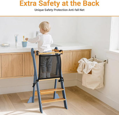 COSYLAND Foldable Toddler Kitchen Stool Helper - Height Adjustable Standing Tower for Bathroom Sink or Kitchen Counter - Step Stool for Toddlers Ages 18 Months to 6 Years Gray & Natural