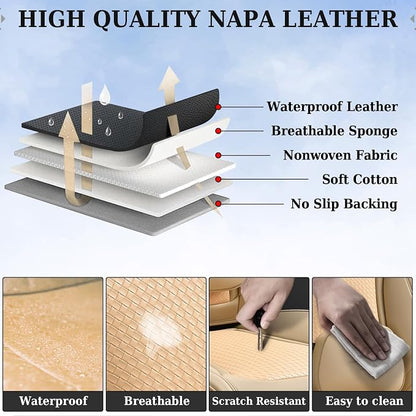 Coverado Car Seat Covers Full Set, Beige Seat Covers for Cars, Waterproof Nappa Leather Automotive Seat Covers with Lumbar Head Pillow, Car Seat Protectors, Universal Fit for Most Cars SUV