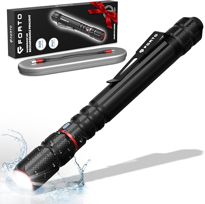 FORTO Rechargeable Pen Light Flashlight, 400 Lumens Small Pocket Flashlight with Clip, IP67 Waterproof, 2 Light Modes, 3-Color Battery Indicator, Type-C Charging, for Inspection,Emergency（1 Pack）
