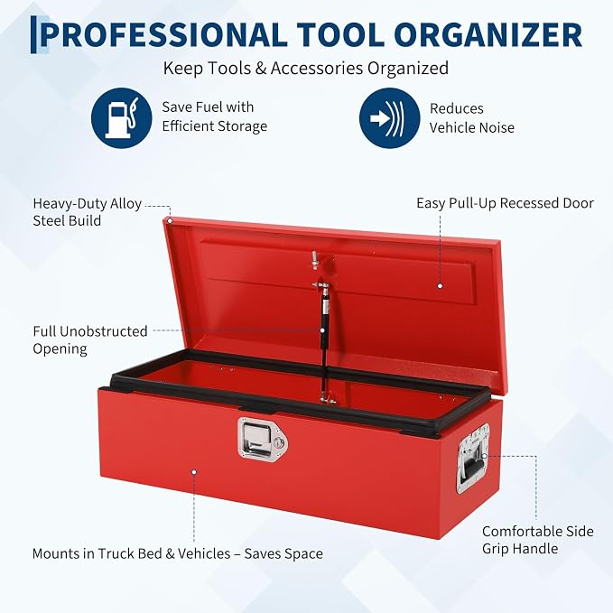 Heavy Duty Steel Metal Tool Box 39" for Truck Bed, Locking Plate Crossbed Storage Chest with Gas-Strut Assisted Lid, Weather-Resistant Truck Bed Tool Box for Pickup, Trailer, RV