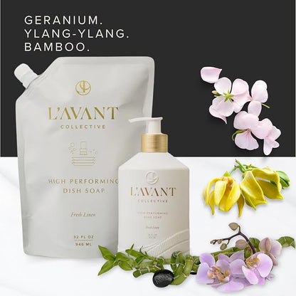 L'AVANT Collective Natural Dish Soap, Plant-Based, Fresh Linen, 16 Fl Oz | Plant-based formula, grease-cutting power, refillable glass pump bottle, kid and pet safe, cruelty-free, Fresh Linen scent