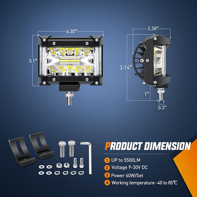 Nilight Side Shooter LED Light Bar 2PCS 4.3 Inch Triple Row Spot Flood Combo Lights Work Lighting with 5Pin Rocker Switch Wiring Harness Kit for Off Road Light on Truck SUV ATV UTV