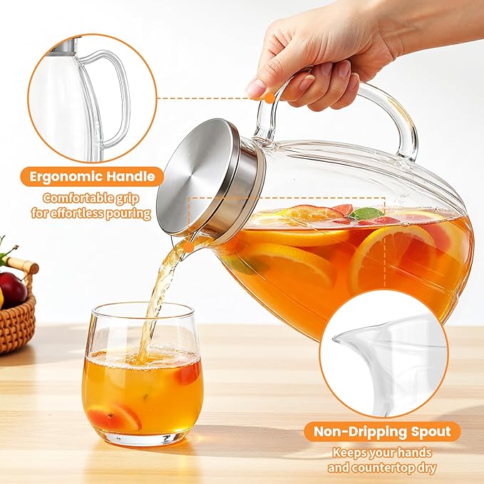 Glass Pitcher with Lid and Handle, 2.2L Borosilicate Glass Water Carafe