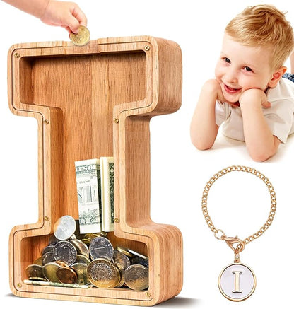 SummiDate Wooden Letter Piggy Bank| Piggy Bank for Boys Girls Toddler| Alphabet I Money Bank| Coin Bank Birthday Gift for Kids|Birthday Gift for Kids (I)