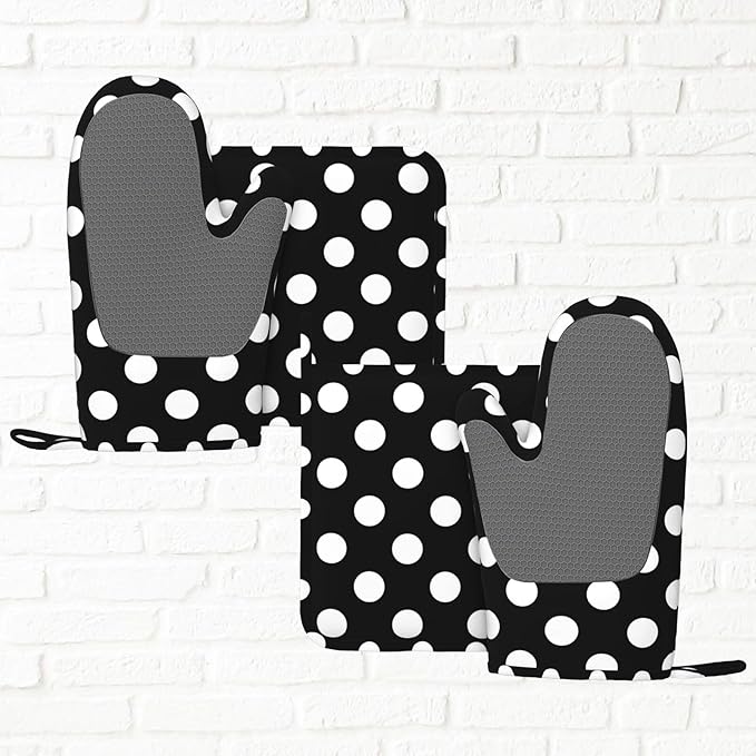 Black White Retro Polka Dot Oven Mitts and Pot Holders Sets of 4, Heat