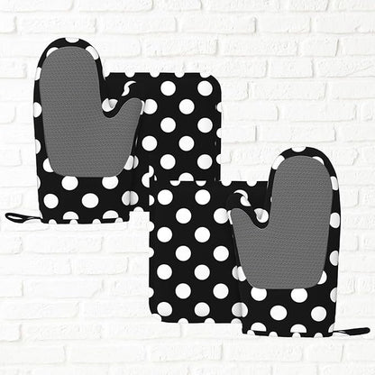 Black White Retro Polka Dot Oven Mitts and Pot Holders Sets of 4, Heat