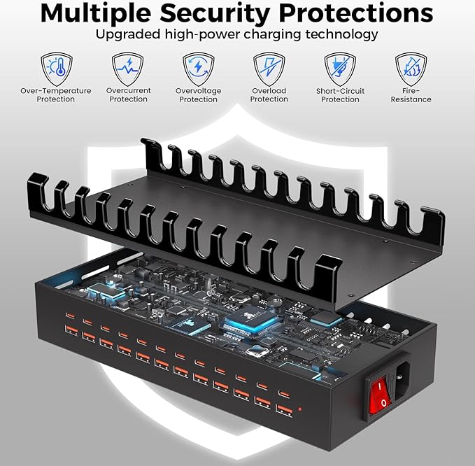 300W USB Charging Station for Multiple Devices, 24 Port USB C Fast Charging