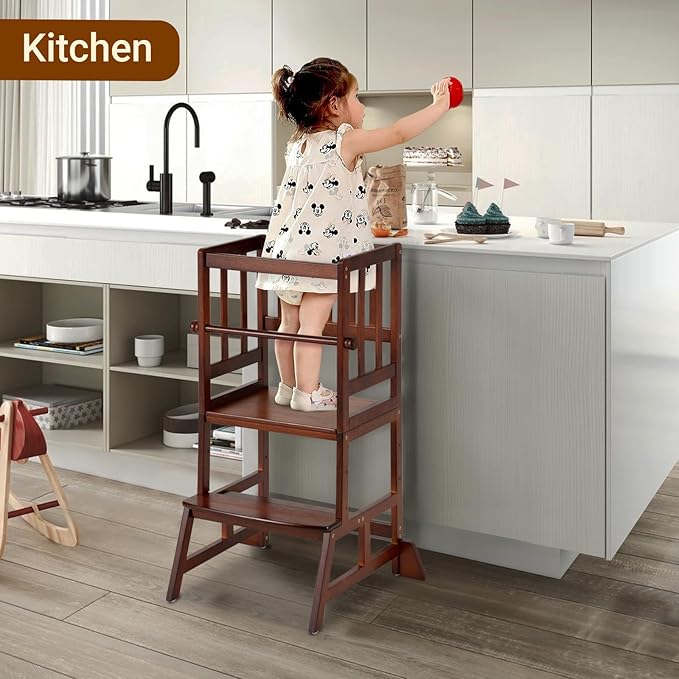 COSYLAND Toddler Standing Tower - Adjustable Height Toddler Kitchen Stool Helper - Kids Kitchen Step Stool for Learning with Removable Safety Railing Brown