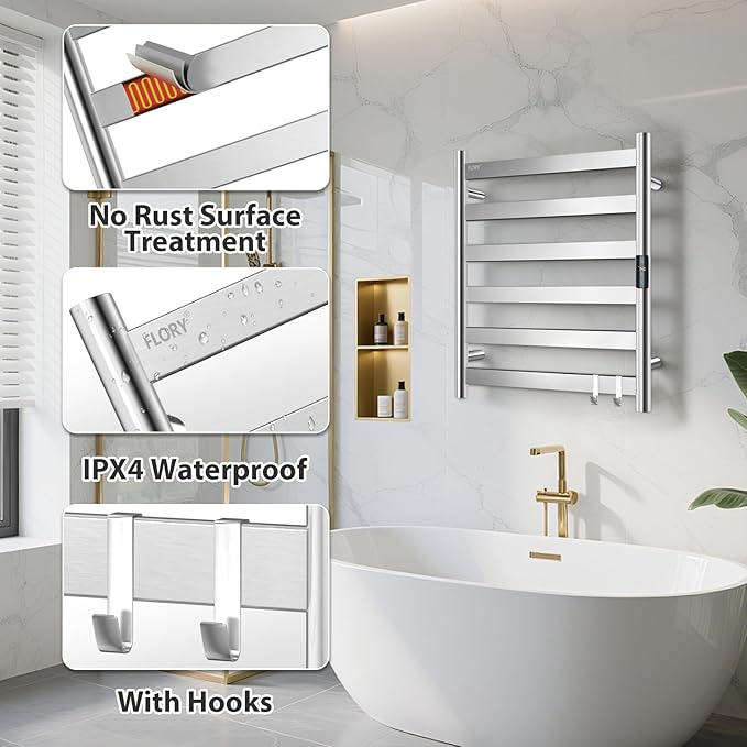 R FLORY Heated Towel Rack for Bathroom, 6 Bar Wall Mounted Towel Warmer Rack