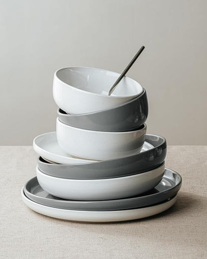 Famiware Milkyway Plates and Bowls Sets, 12 Pieces Stoneware Dinnerware Sets, Dishes Set for 4, White & Dark Gray