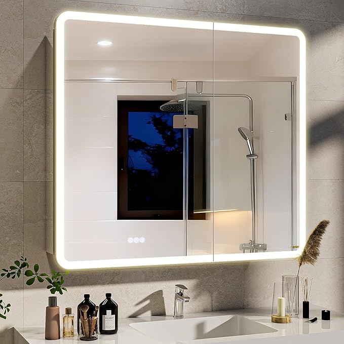 BEAUTYPEAK 36 x 32 LED Bathroom Medicine Cabinet Mirror, Adjustable Shelves