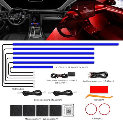 Acrylic Interior Car LED Strip Light with Wireless APP, RGB 6 in 1 with 175 inches 612 LEDs Fiber Optic Car Ambient Lighting Kits, Dynamic Music Sync Neon LED Strip Lights for Car