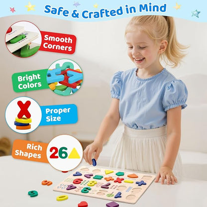 Number Puzzle Wooden Puzzles for Toddlers 1 2 3 4 5 Year Old, Shape Learning Puzzles Toddler Toys with Puzzle Board & Letter Blocks, Preschool Educational for Girls Boys, Pattern Number