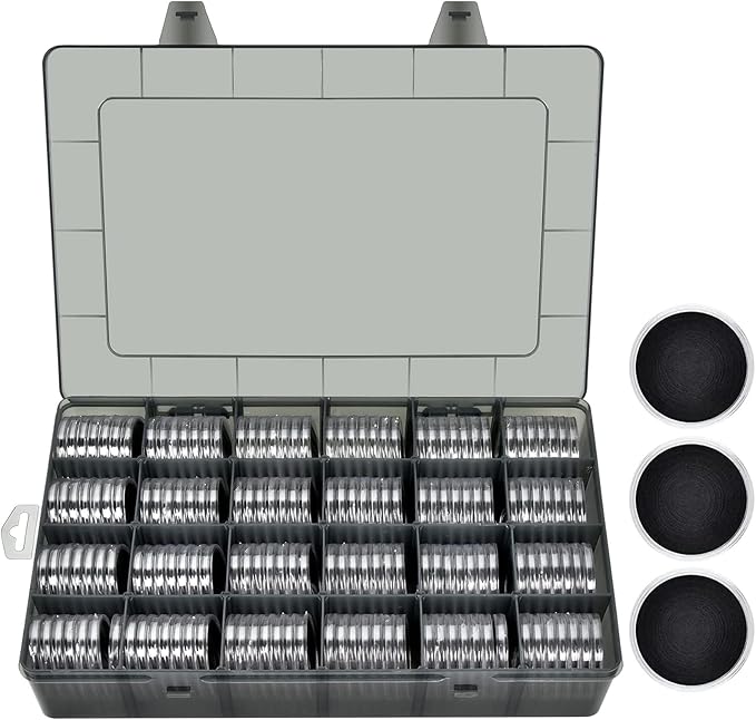 FULLCASE Coin Capsules 46mm with Foam Gasket and Plastic Storage Organizer Box, 6 Sizes (20/25/27/30/38/46 mm) Coins Collector Case Holder for Collection Supplies-168 Pieces (Grey)