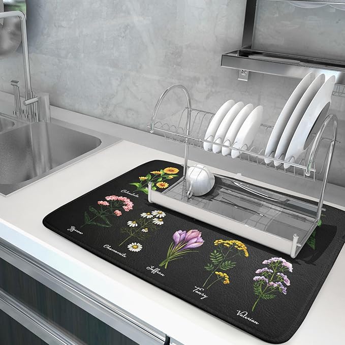 Black Flower Herbs Dish Drying Mat 18x24 Inch Botanical Floral Microfiber