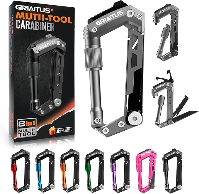 Carabiner Multitool with Pocket Knives, 8-in-1 EDC Carabiners, Serrated Knife, Rope Cutter, Screwdriver, Can Bottle Opener, Ruler, Folding Knife for Camping Hiking, Gifts for Men (Grey)